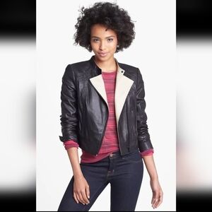 $375 Halogen Nordstroms sz. M Black 100% Leather Soft Moto Jacket Zip Up Coat